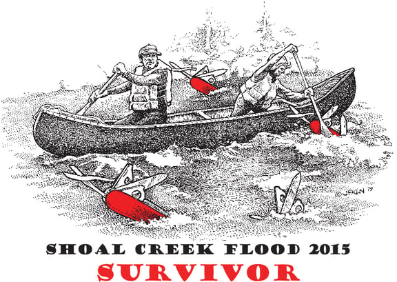 A mockup for a T-shirt design based on an original drawing from our archives. It features two people in a canoe with ores in their hands as they tackle rough waters. Large swiss army knives float in the water and the words "Shoal Creek Flood 2015 SURVIVOR" are displayed on the bottom.