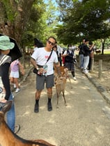A man is standing in a popular tourist stop in Japan where deer are very friendly. He is stnading next to one of the deer, many more people and deer are in the background. 