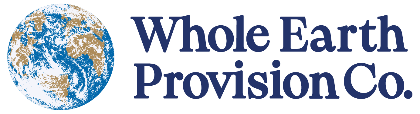 Logo for Whole Earth Provision Co., featuring a stylized Earth illustration on the left and the company name in bold blue serif font on the right.
