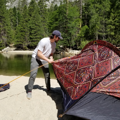 Whole Earthling Barry sets up a The North Face tent in Yosemite National Park in California.
